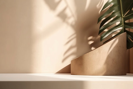 Blank beige brown cement curve counter podium with texture, soft beautiful dappled sunlight, leaf shadow on white wall for luxury organic cosmetic, skincare, beauty treatment product backgroundの素材