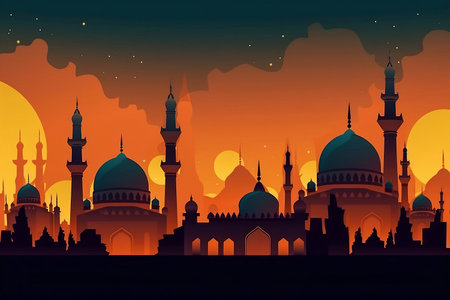 Islamic decoration background with lantern and crescent moon luxury style, ramadan kareem, mawlid, iftar, isra miraj, eid al fitr adha, muharram, copy space text area, 3D illustration.の素材