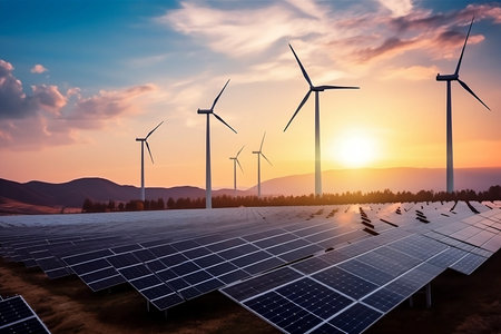 solar power plant with wind turbines at sunset under a blue sky. Power plant with an electric turbine and solar panels. Concepts of eco friendly and clean energy.の素材