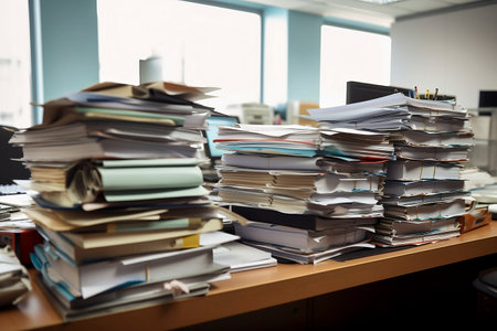 large piles of files piled up on a desk, heavy workloadの素材