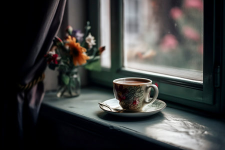 Cup of coffee on the windowsill with flowers in the backgroundの素材