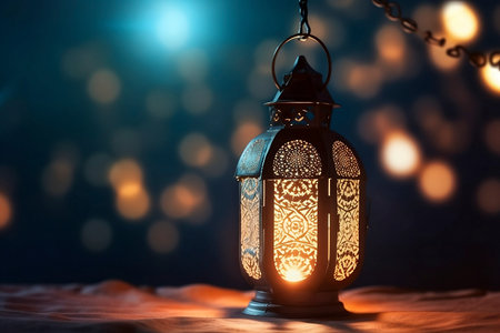 Islamic decoration background with lantern and crescent moon luxury style, ramadan kareem, mawlid, iftar, isra miraj, eid al fitr adha, muharram, copy space text area, 3D illustration.の素材