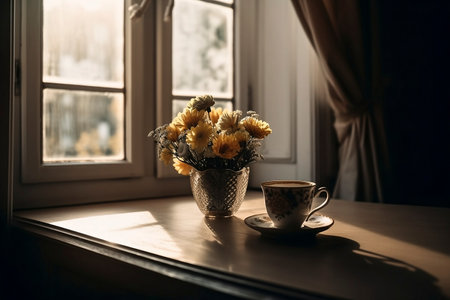 cup of a coffee on a table with flowers created using Generative AI Technologyの素材