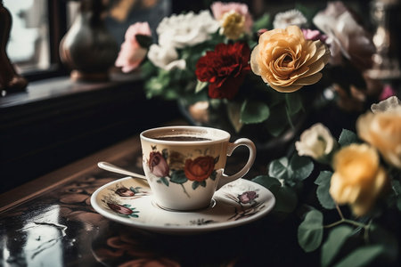 cup of a coffee on a table with flowers created using Generative AI Technologyの素材