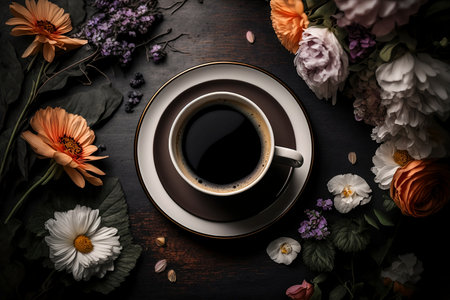 cup of a coffee on a table with flowers created using Generative AI Technologyの素材