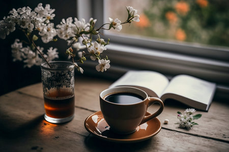 cup of a coffee on a table with flowers created using Generative AI Technologyの素材