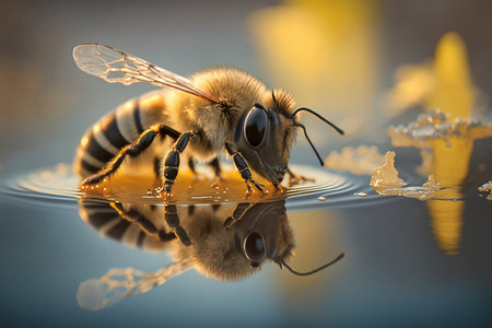 Super close up of honey bee drinking a water - AIの素材