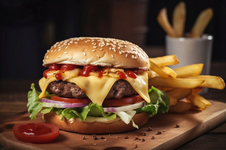 Delicious burger , fries, cheese, on wooden background. AI Generatedの素材