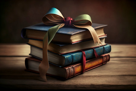 A stack of beautifully wrapped craft paper books, tied with ribbon and decorated with cotton, on a wooden table. Concept of reading and books as a giftの素材