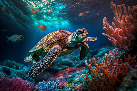 Sea turtle swimming in the under sea , Beautiful Underwater and colorfull coral in wild nature of the Pacific Ocean - aiの素材