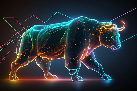 bull fighting bear, trading graph background, futuristic, neon -aiの素材