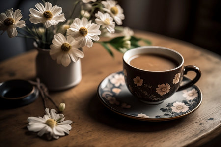 cup of a coffee on a table with flowers created using Generative AI Technologyの素材