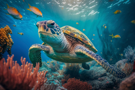Sea turtle swimming in the under sea , Beautiful Underwater and colorfull coral in wild nature of the Pacific Ocean - aiの素材