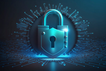 Security and cybersecurity concept lock symbol. Protection against thieves, cyber attacks, fraud, data breach. Secure access to network, internet and information technology systems. Blue background.の素材