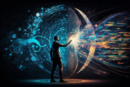 Digital technology, internet network connection, big data, digital marketing IoT internet of things. Man using modern computer surfing internet futuristic innovative technology backgroundの素材