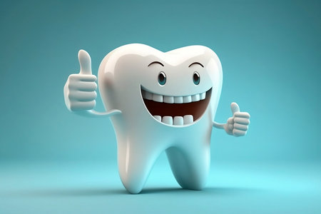 3D realistic happy white tooth , Tooth cartoon characters with thumbs up on bright background , Cleaning and whitening teeth conceptの素材