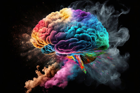 Concept art of a human brain exploding with knowledge and creativity, colourful powder, smoke - aiの素材