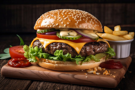 Delicious burger , fries, cheese, on wooden background. AI Generatedの素材