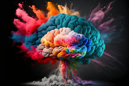 Concept art of a human brain exploding with knowledge and creativity, colourful powder, smoke - aiの素材