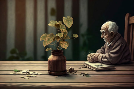 Pension concept. Elderly man illustration, coins and sprout on wooden table. Space for textの素材