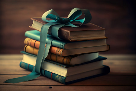 A stack of beautifully wrapped craft paper books, tied with ribbon and decorated with cotton, on a wooden table. Concept of reading and books as a gift - AIの素材