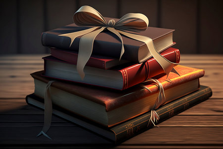 A stack of beautifully wrapped craft paper books, tied with ribbon and decorated with cotton, on a wooden table. Concept of reading and books as a gift - AIの素材