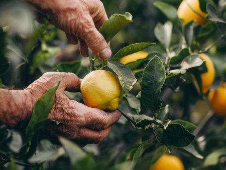 close up of farmer hand picking a fresh lemon from tree - aiの素材