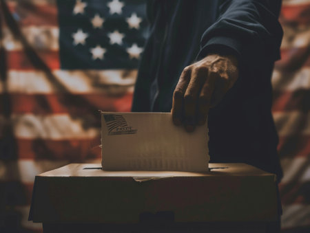 Hand with thumb inserting ballot into box in front of American flag - aiの素材