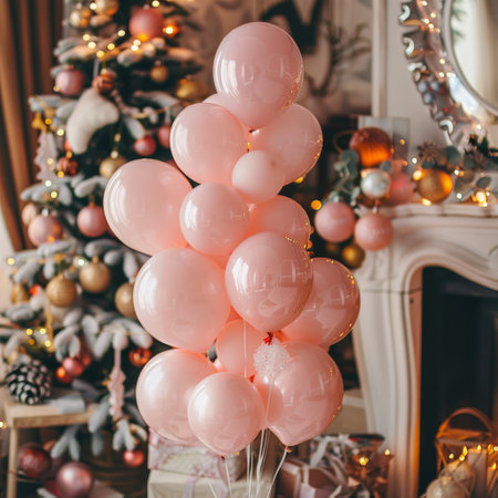 Blush pink balloons floating amidst holiday decorations, creating a soft and romantic ambiance - aiの素材