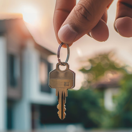 Hand holding house key on home background - aiの素材