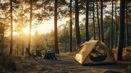 A comfortable camping tent is situated in a tranquil pine woodland as the sun sets - aiの素材