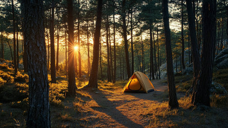 A comfortable camping tent is situated in a tranquil pine woodland as the sun sets - aiの素材