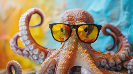 Funny octopus wearing sunglasses in studio with a colorful and bright background, copyspace area - aiの素材