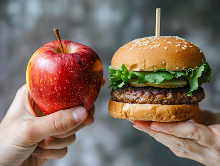 One hand holding apple fruit, other holding hamburger. Healthy natural organic fresh vegetarian food vs unhealthy processed fast junk food meat - aiの素材