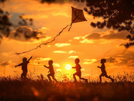 Silhouette of little toddler boys group running in the park, friends flying kite - aiの素材
