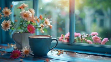 cup of a coffee on a table with flowers - aiの素材