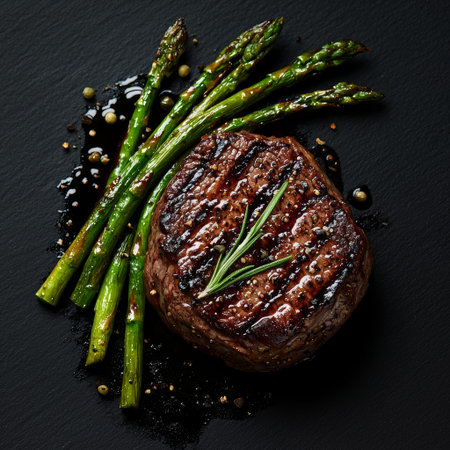 Grilled Fillet Mignon Steak with roasted asparagus Black background Top view - aiの素材
