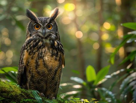 Majestic black owl perched in lush forest at sunrise. - aiの素材