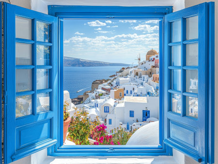 iew from an open window with blue shutters of the Aegean sea caldera coastline and whitewashed town of Oia Santorini Greece - aiの素材
