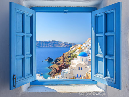 iew from an open window with blue shutters of the Aegean sea caldera coastline and whitewashed town of Oia Santorini Greece - aiの素材