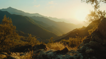 View of the Great Wall of China at sunset across the mountain in China  - aiの素材