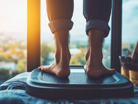 Barefoot young adult standing on weight scale measuring healthy lifestyle - aiの素材