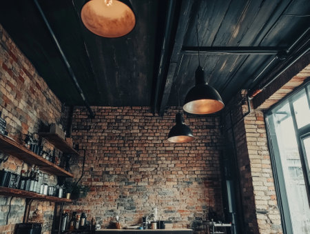 beautiful background of loft style interior with brick wall, black ceiling lamp, background, shop decor loft style, copyspace area, free space for text - aiの素材