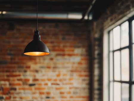 beautiful background of loft style interior with brick wall, black ceiling lamp, background, shop decor loft style, copyspace area, free space for text - aiの素材