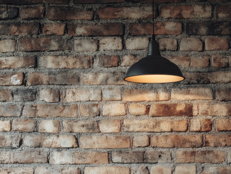 beautiful background of loft style interior with brick wall, black ceiling lamp, background, shop decor loft style, copyspace area, free space for text - aiの素材