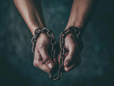 hands shackled in chains on a dark background - AIの素材