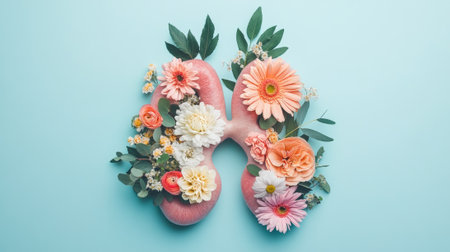 Lungs made of fresh flowers and leafs, on light blue background. - aiの素材