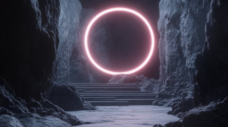 3D Scene - Winners podium platform. In the background is a neon circle with special lighting effects. - aiの素材