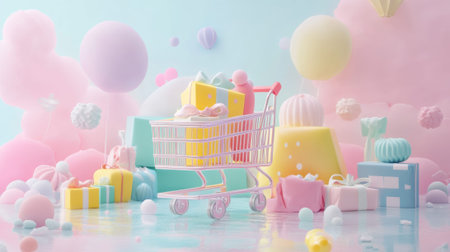 3D Rendering Shopping Cart Pastel Background Gift Bag - aiの素材