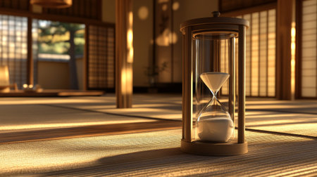 Elegant sand timer in a Japanese room showcasing tranquility and time.  - aiの素材